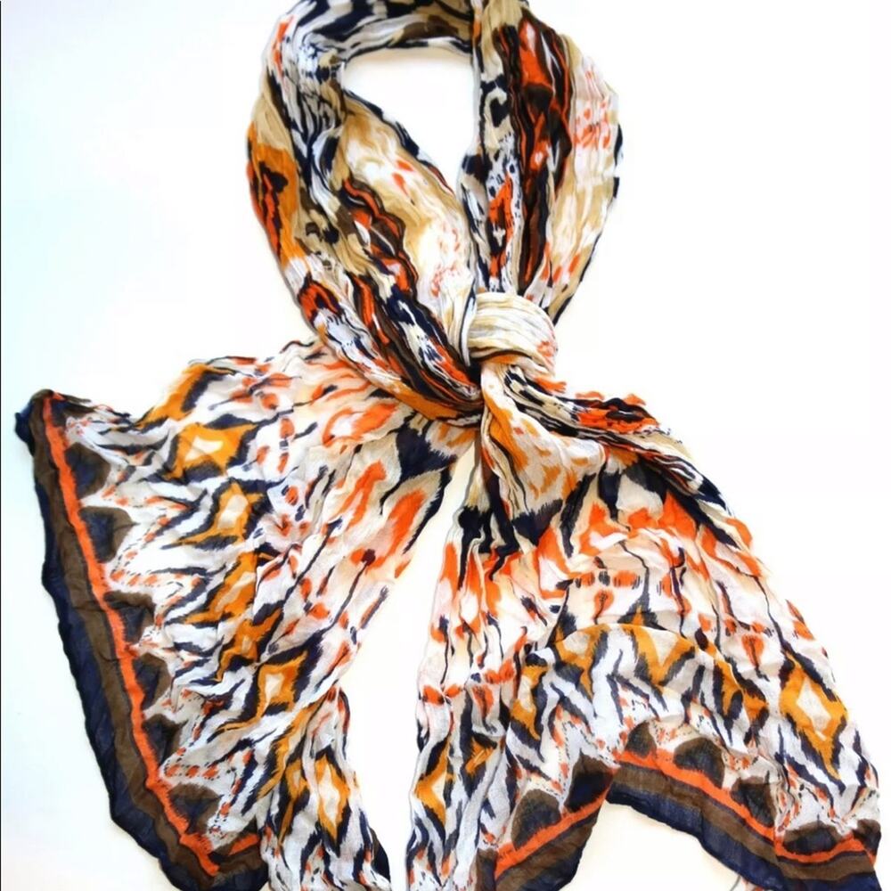 Navy Blue, Orange Batik Style Sheer Crinkle Scarf